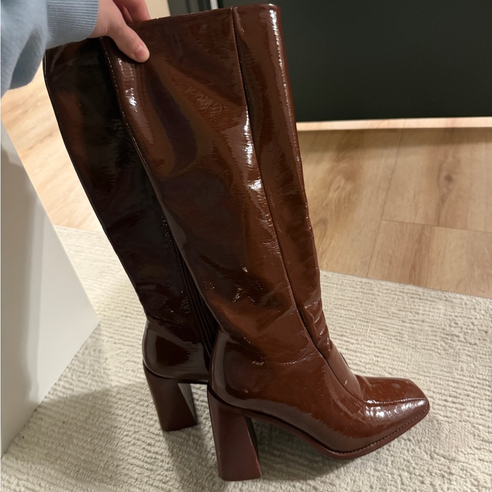 Princess Polly Brown Glossy Knee-High Boots